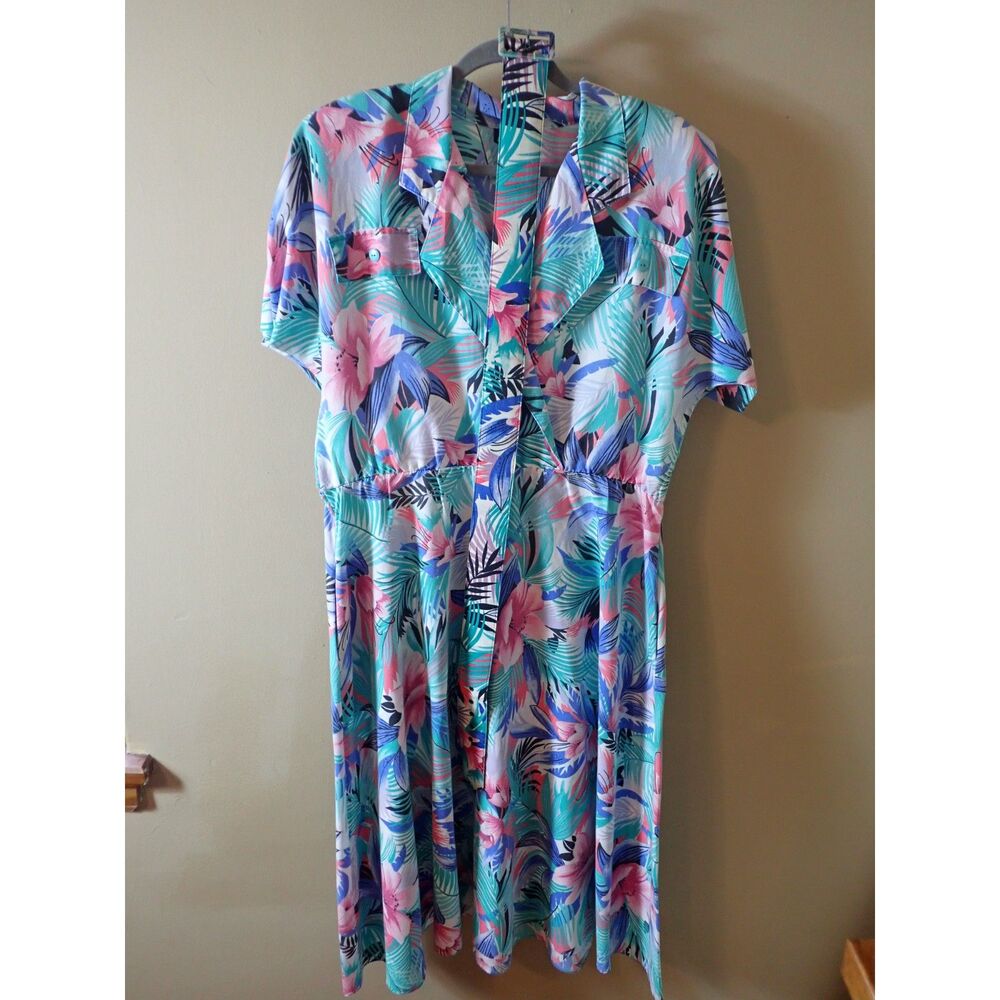 Jenny Vintage Dress Tropical Hawaiian Flower Pastels Belt Pockets Large